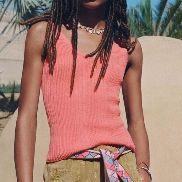 ANTHROPOLOGIE Knit Sleeveless Pullover V-neck Top Coral Pink Women’s Size Medium - Picture 2 of 11